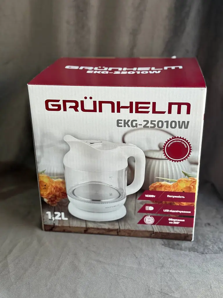 Дисковий скляний електрочайник Grunhelm EKG-25010W 1,2л 1630Вт Білий - фото 8