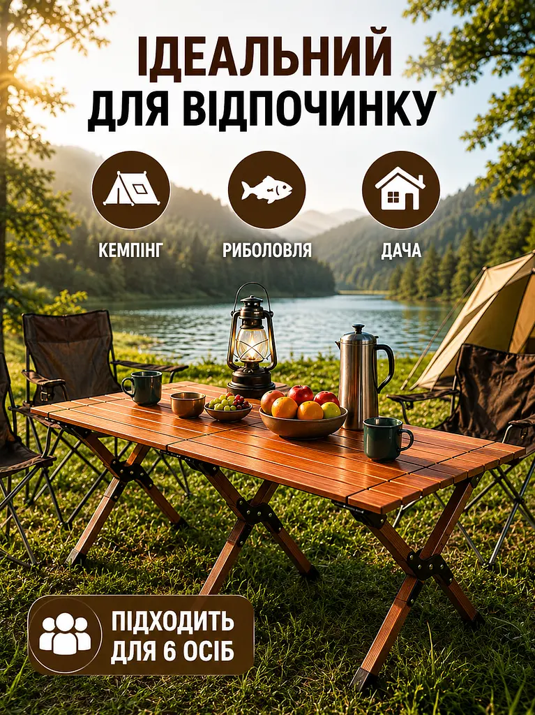 Стіл складаний туристичний 149,5×70×43 см коричневий для пікніка з чохлом (49675946) - фото 4