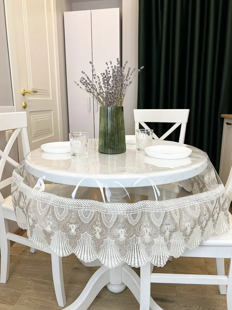 Силіконова скатертина з біло-кавовим мереживом Рішельє 15 см 260х110 см - фото 8