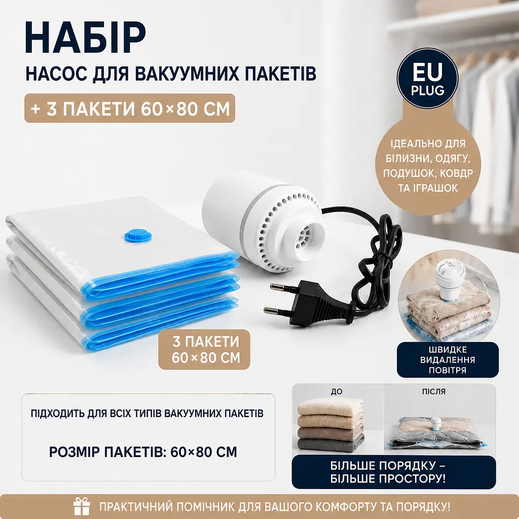Набір! Вакуумні пакети 60×80 см (3 шт) з електричним насосом 25 Вт - фото 2