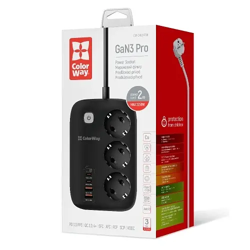 Мережевий фільтр GaN3 Pro, 3 розетки, 2 м, Black ColorWay teh0028200 - фото 9