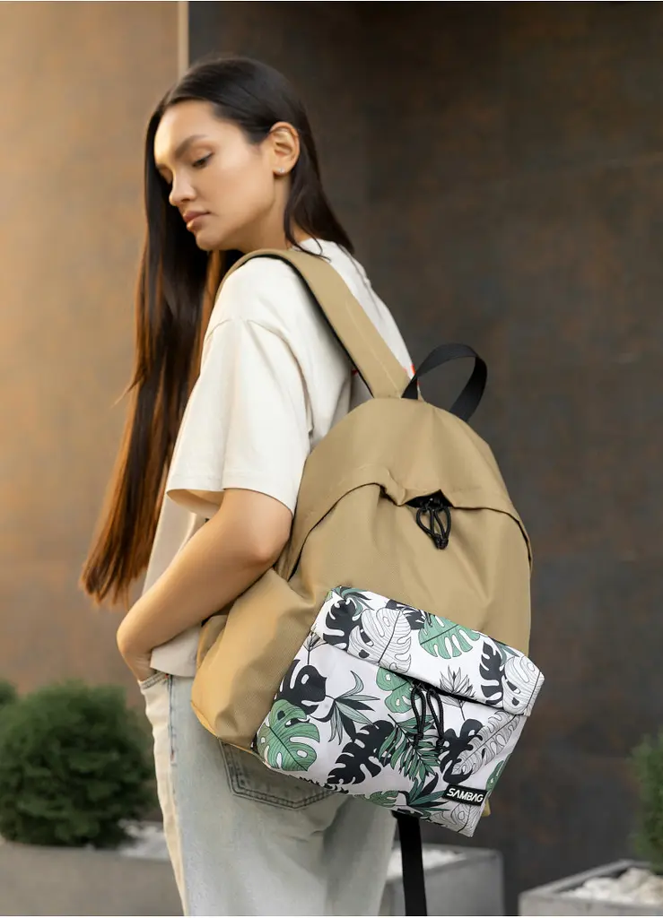 Жіночий рюкзак Sambag Active пісочний тканевий з принтом "monstera" 40 х 33 х 14 см (11811144)