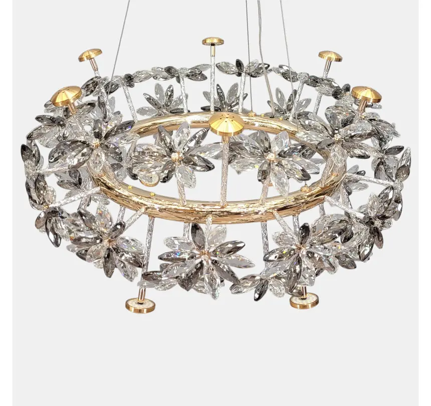 Кругла підвісна люстра Artlight 25028-650GD золота на 12 ламп G4 з прозорими та графітовими скляними квітами - фото 4