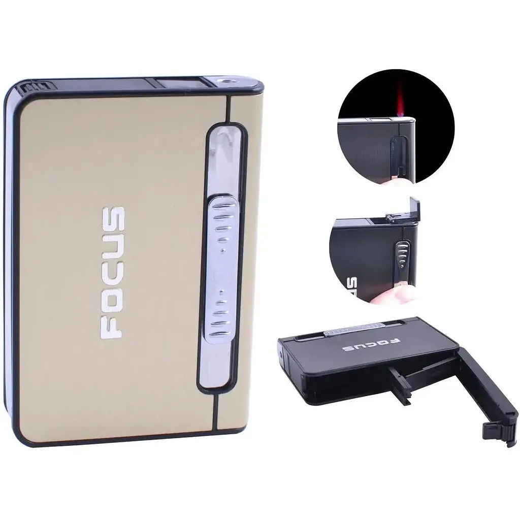 Портсигар на 12 сигарет із запальничкою турбо полум'я FOCUS №4939 Gold (11653) - фото 2