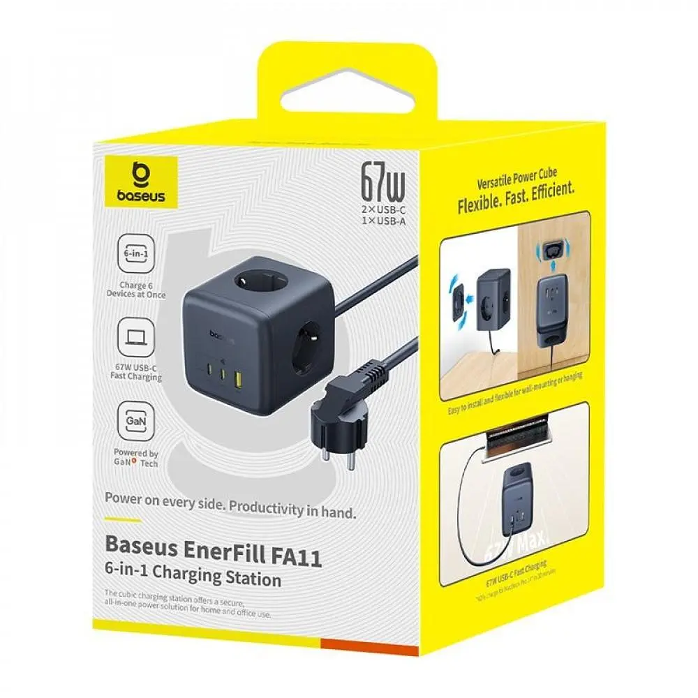 Мережевий фільтр Baseus EnerFill FA11 Cube Power Strip (3xAC + USB + 1xType-C 67W) (1.5m) black (E00082100123-00) - фото 2