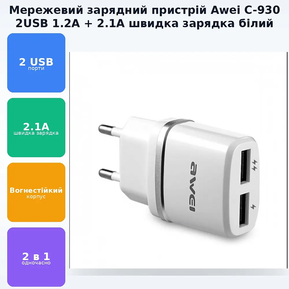 Зарядний пристрій Awei C-930 (2USB, 1.2 A +2.1 A ) - фото 2