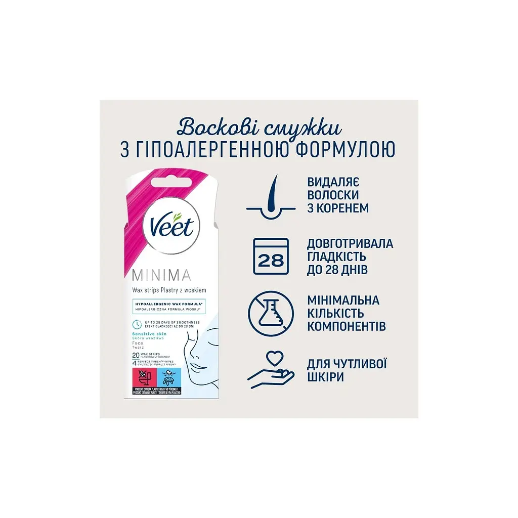 Воскові смужки Veet Minima Гіпоалергенні для чутливої шкіри обличчя 20 шт. (5900627095883) - фото 2
