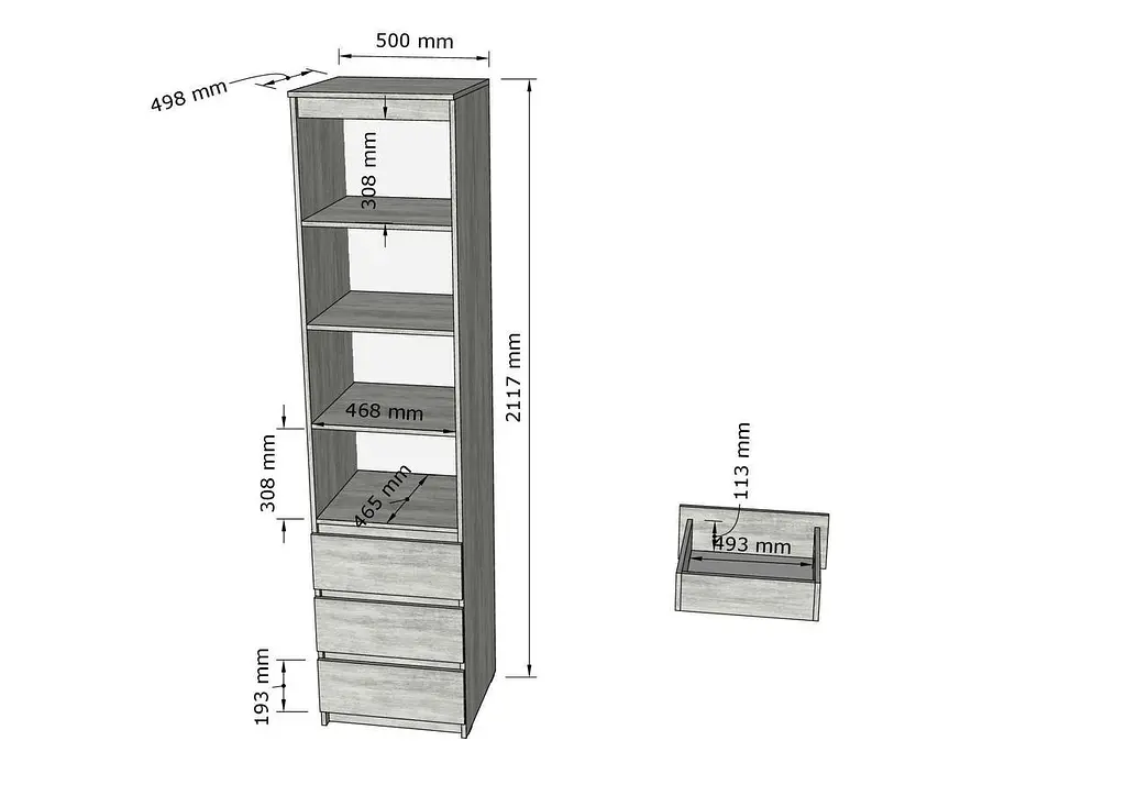 Пенал открытый с шухлядами Moreli T-219 500x2117x498 мм Белый/Дуб аппалачи (mo-t219-white-apalach) - фото 2