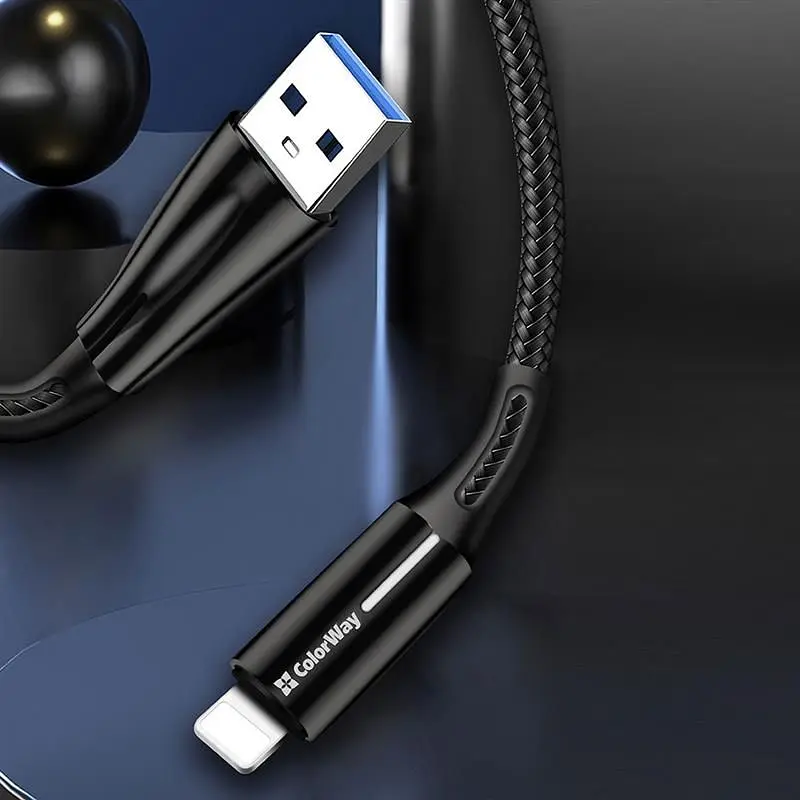 Кабель ColorWay USB - Lightning (M/M), 2.4 А, Zinc Alloy + Led, 1 м, Black (CW-CBUL035-BK) - фото 3