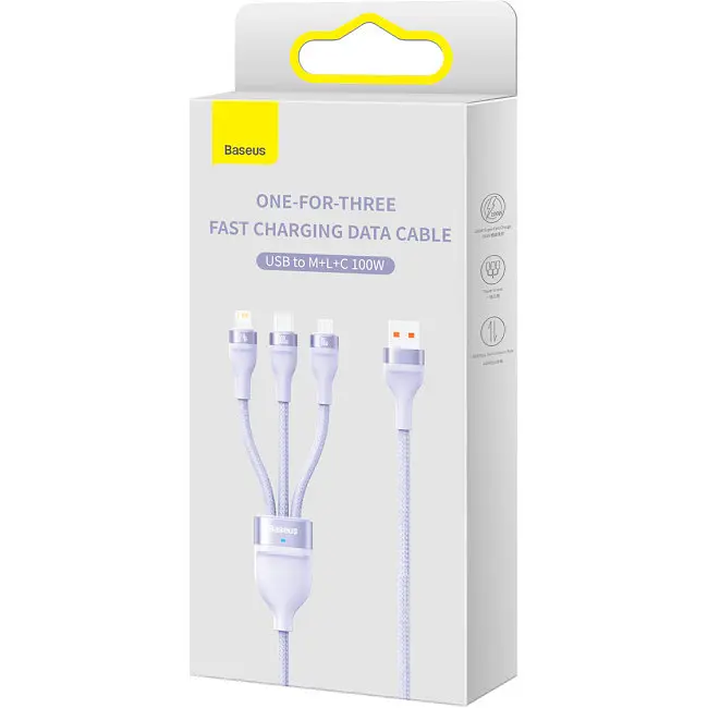 Кабель Baseus Flash Series Ⅱ 3-in-1 Cable USB to MicroUSB+Lightning+Type-C 100W 1.2m CASS030005 Purple - фото 6