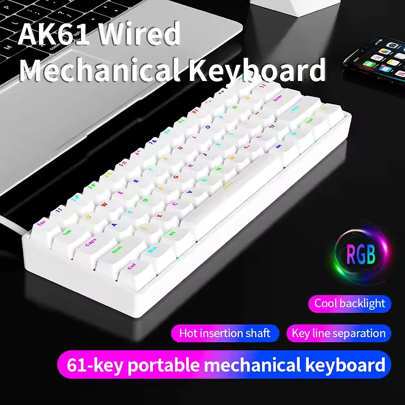 Игровая проводная механическая клавиатура AK61 / Red Switch / Hot Swappable / 60% / White - фото 2