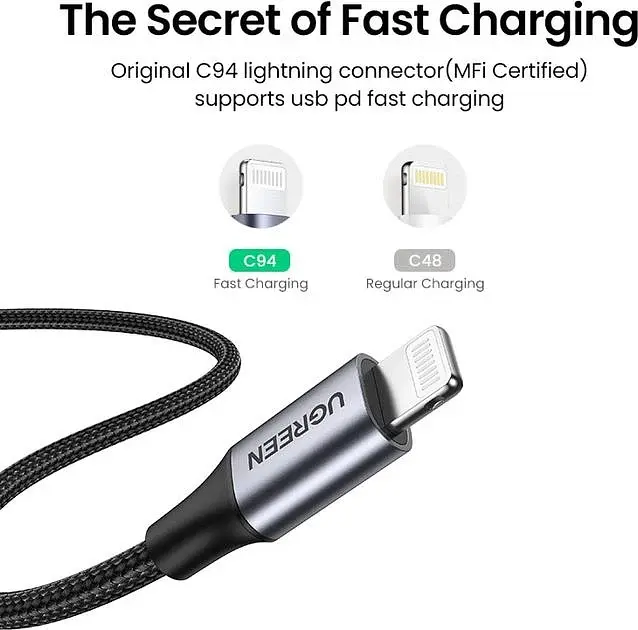 Кабель Ugreen US304 USB Type-C Male to Lightning Male Cable Aluminum Shell Braided 3A 1.5 м Black (60760) - фото 4