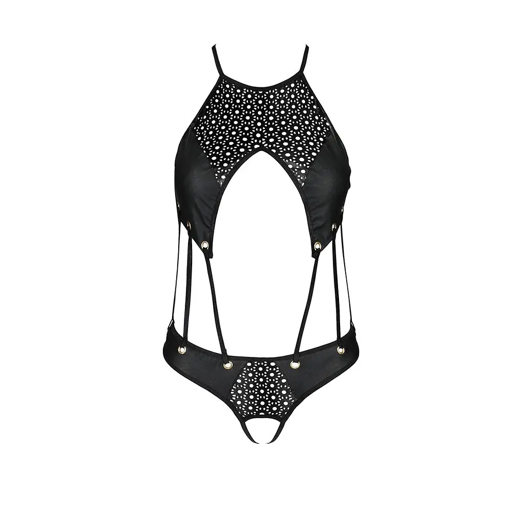 Боді з відкритим доступом Passion TASMINA BODY S/M, black, екошкіра, шнурівки, ажурні мережива - фото 3