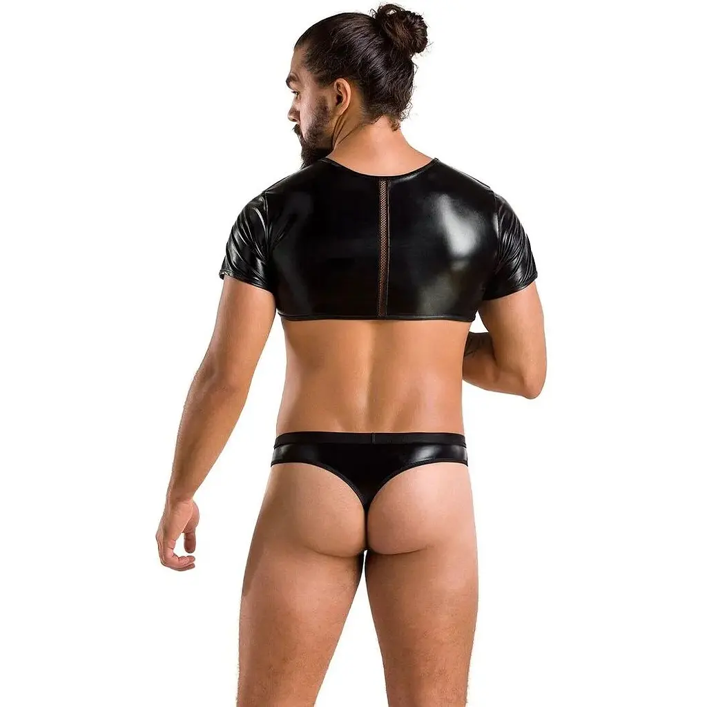 Комплект чоловічої білизни під латекс Passion 057 Set Peter L/XL Black, кроп-топ, стринги - фото 4