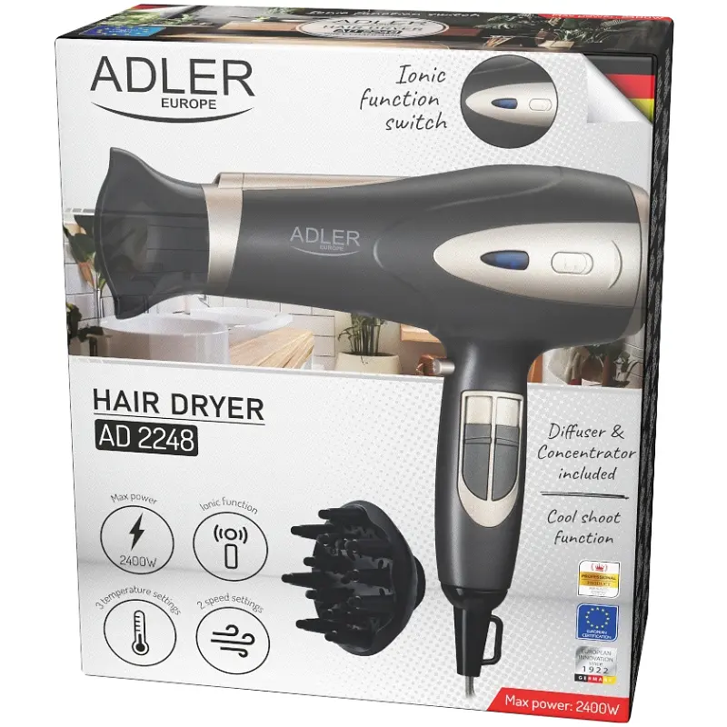 Фен Adler AD 2248 grey champane 2200Вт/ 2 швидкості/ хол.обдув/ темп.режимів-3/ іонізація/ дифузор - фото 6