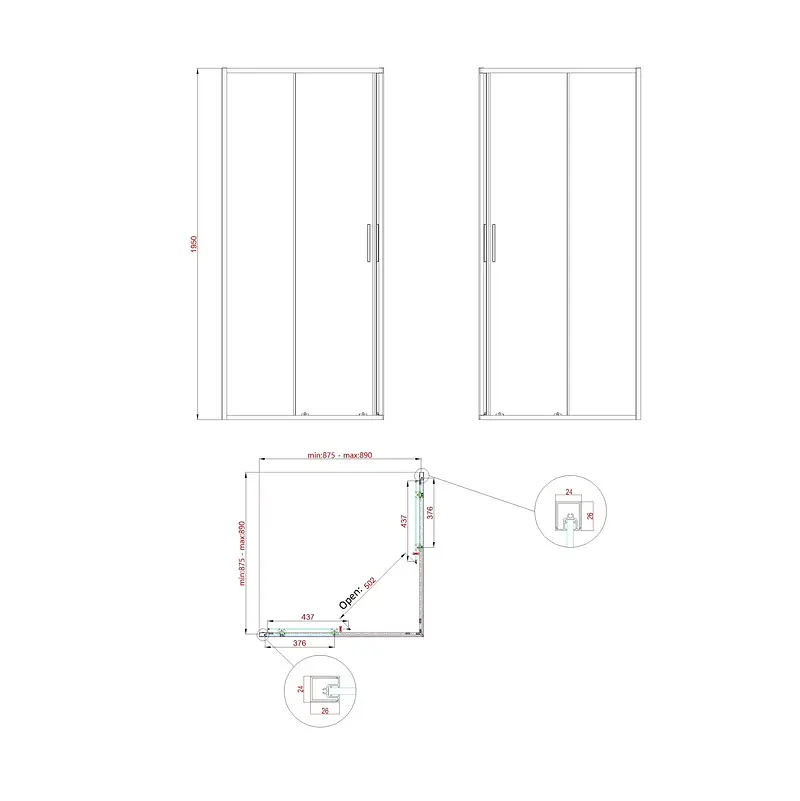 Душова кабіна без піддону Koer Sr SC10-90x90x195-TR-01 прозоре скло Easy Clean 6мм, хром KR5942, Хром, прозорий, хром - фото 6