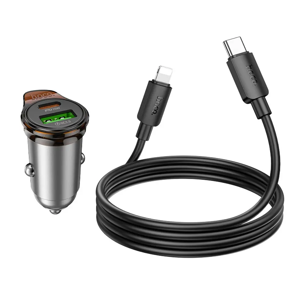 Автомобільний зарядний пристрій Hoco NZ16A USB/Type-C 43W PD QC 25W metal grey + кабель Type-C to Lightning - фото 6