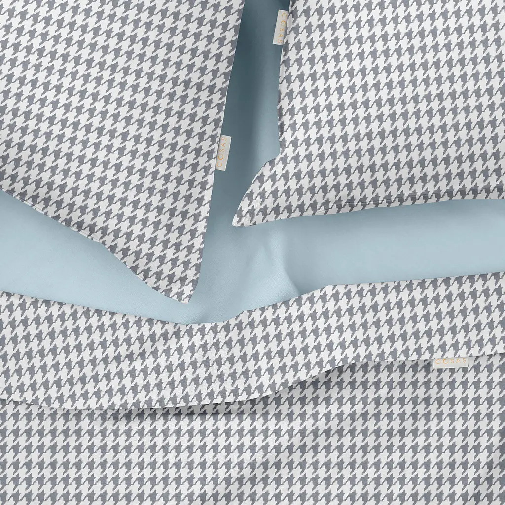 Комплект постільної білизни Cosas євро з простирадлом на резинці HOUNDSTOOTH CS7 200 x 220 см (TweedGreyWhite_El-58LightBlue_200) - фото 3
