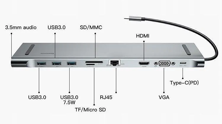 Мультипортовий адаптер USB Хаб Baseus Enjoyment Series Type-C Notebook PD/HDXiaomi*2/VGA/RJ45/SD/TF/USB*3/Adapter CATSX-G0G Dark Grey - фото 9