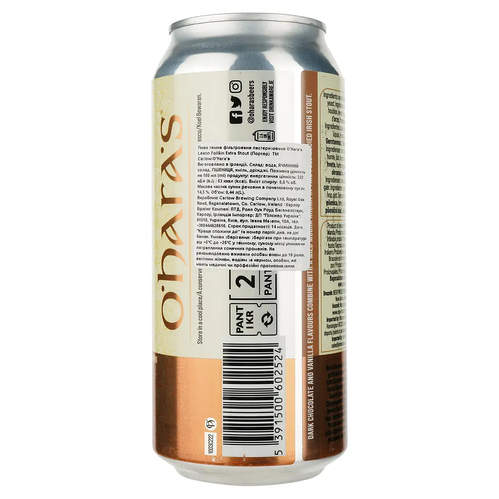 Пиво O'Hara's Leann Follain Extra Stout, темне, 6%, з/б, 0,44 л - фото 2