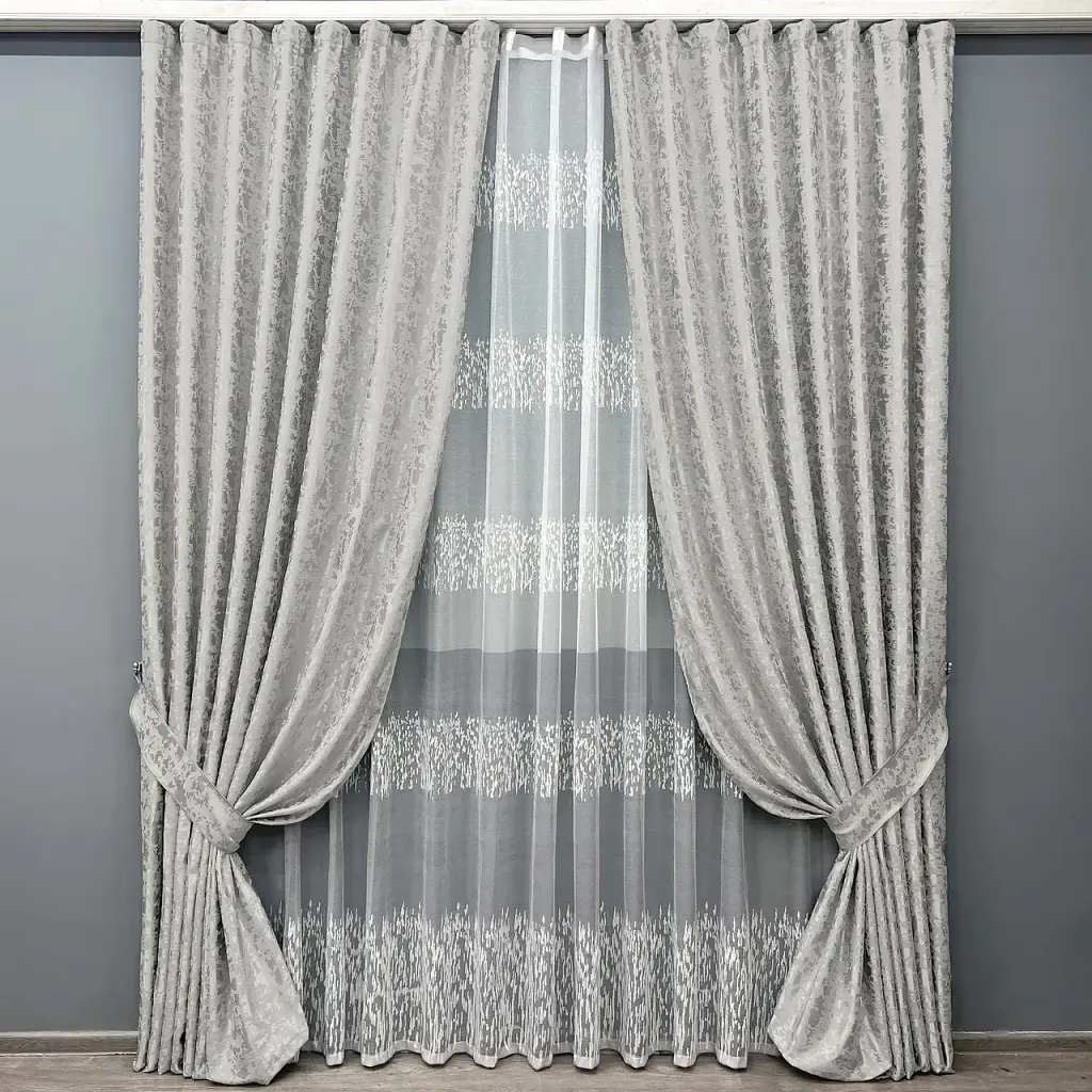 Комплект штор з тюлем VR-Textil Льон Мармур, світло-сірий з білим, 2 штори 100×270 см + тюль 300×270 см, арт. 71-168/1