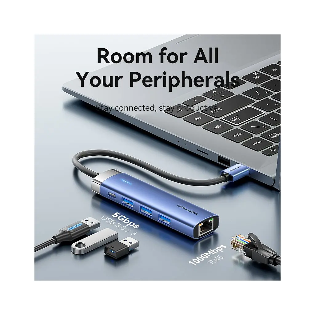 Концентратор Vention USB 3.0 to USB 3.0x3/RJ45/Type-C Hub Blue Aluminum Alloy 5-in-1 (TGFSB) - фото 4