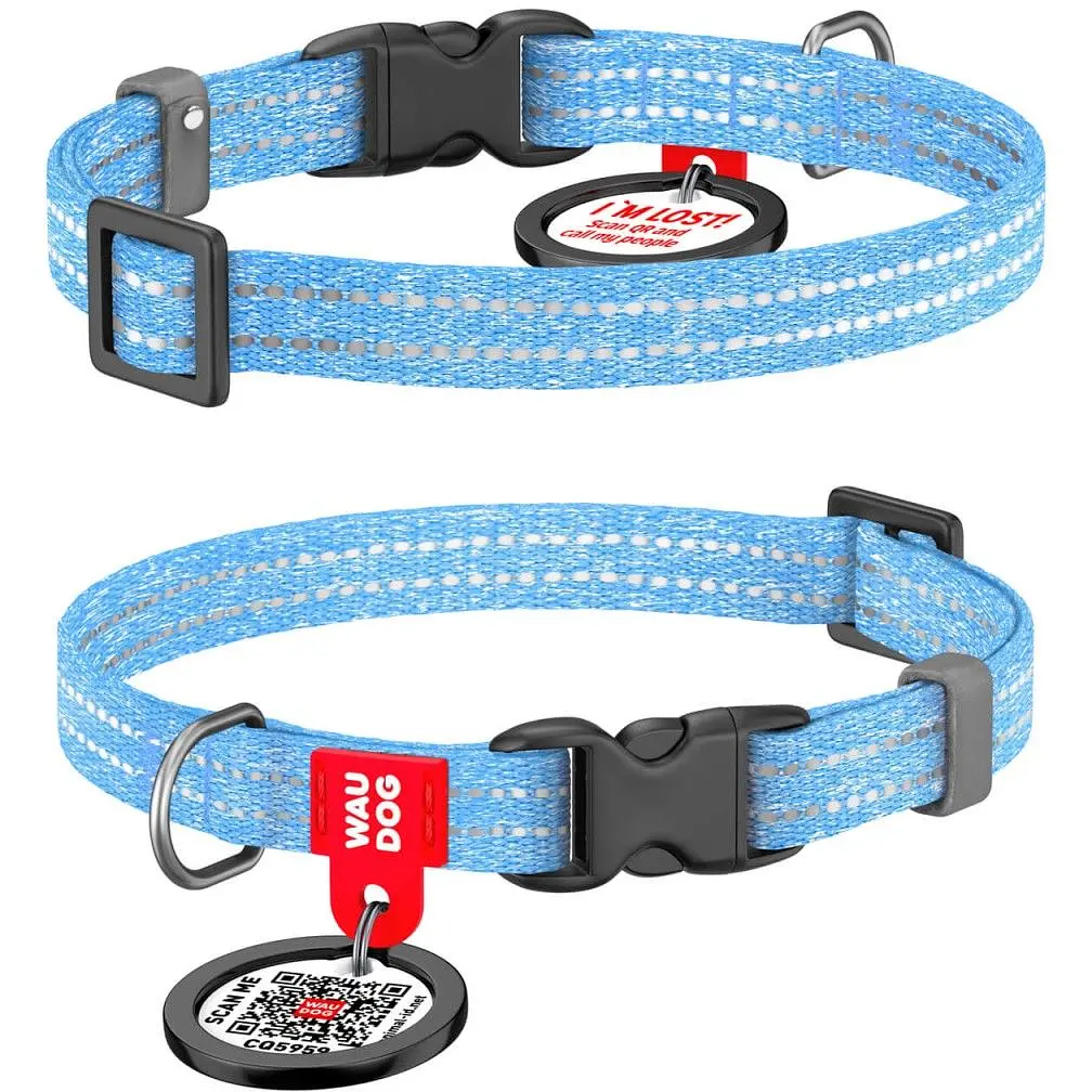 Ошейник для кошек и собак мини-пород Waudog Re-cotton, из восстановленного хлопка, светоотражающий, с QR паспортом, XS, 20-30х1 см, голубой - фото 3