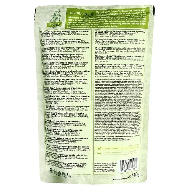 Набор влажного корма для взрослых собак Isegrim Adult Pouch Roots Multipack I Monoprotein: Мясо кабана, Конина и Мясо индейки 2.46 кг (6 паучей x 410 г) - фото 3