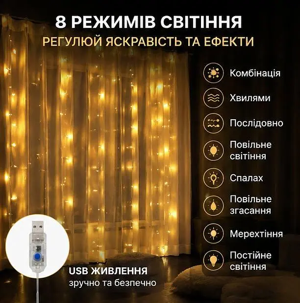 Гірлянда-штора світлодіодна з пультом - LED-гірлянда на вікно - новорічний декор - тепле світло - фото 4