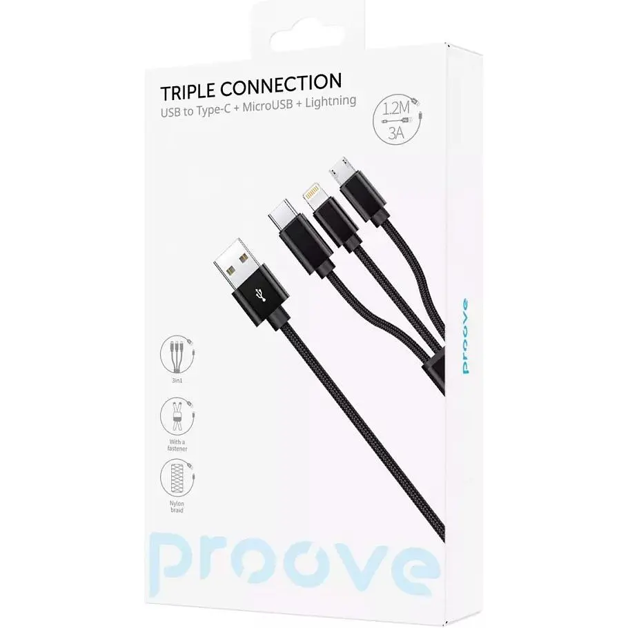 Кабель Proove Triple Connection 3 in 1 USB-A to USB-C/Lightning/Micro-USB 3A 1.2m Black (CCTC20001501) [131034] - фото 4