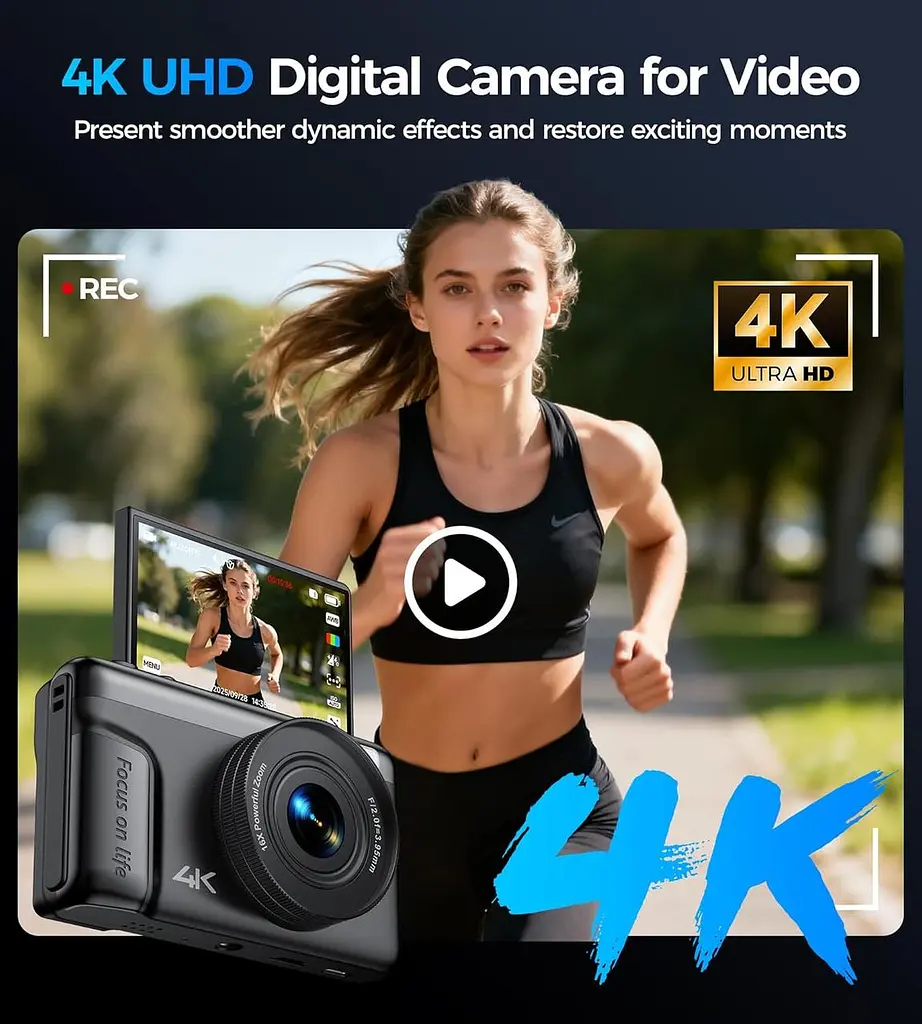 Цифровий фотоапарат TOAIOHO V6 4K 64 МП з автофокусом, поворотним екраном 3" та картою 32 ГБ - фото 3