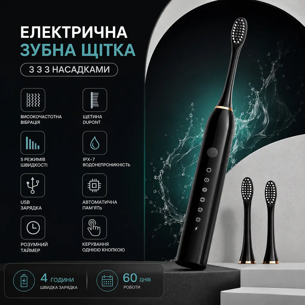 Звукова електрична зубна щітка з таймером, 6 режимів, 3 насадки — 15000 коливань. Чорна - фото 2