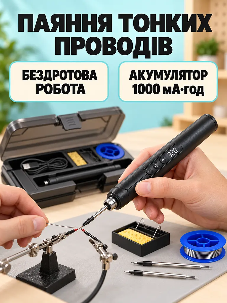 Паяльник аккумуляторный беспроводной до 10 Вт 260–420 °C 1000 мАч Type-C с припоем канифолью и подставкой в кейсе (52836220) - фото 8