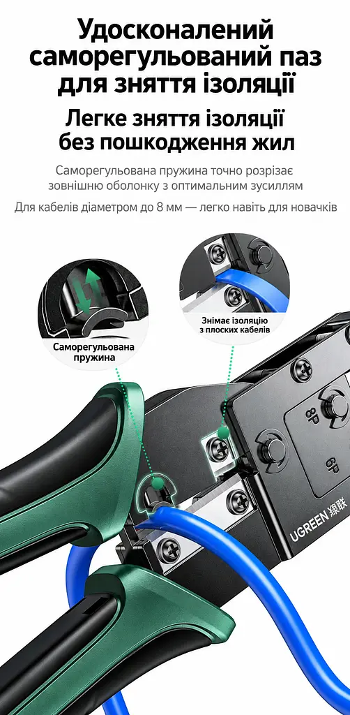 Обтискні кліщі для мережевого кабелю UGREEN NW136 Pro кримпер для штекерів 6P/8P з різанням та саморегульованим зняттям ізоляції для телефонних і мережевих штекерів категорій п’ять і шість та їхніх покращених версій не для екранованих штекерів із затискачем «ластівчин хвіст» для зняття ізоляції з круглих кабелів діаметром до 8 мм і з плоских кабелів з кільцем фіксації губок з механізмом зменшення зусилля м’які протиковзні руків’я TPE лезо 33 мм чорні (85949) - фото 4