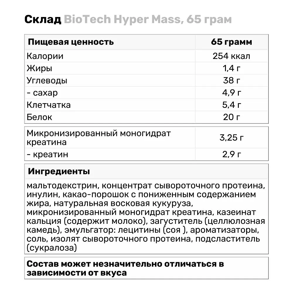 Гейнер BiotechUSA Hyper Mass Шоколад 65 г - фото 2