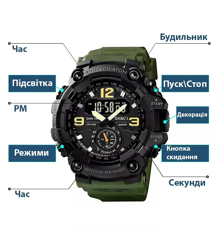 Чоловічий спортивний наручний годинник Skmei 1637 водонепроникні (Зелений) - фото 7