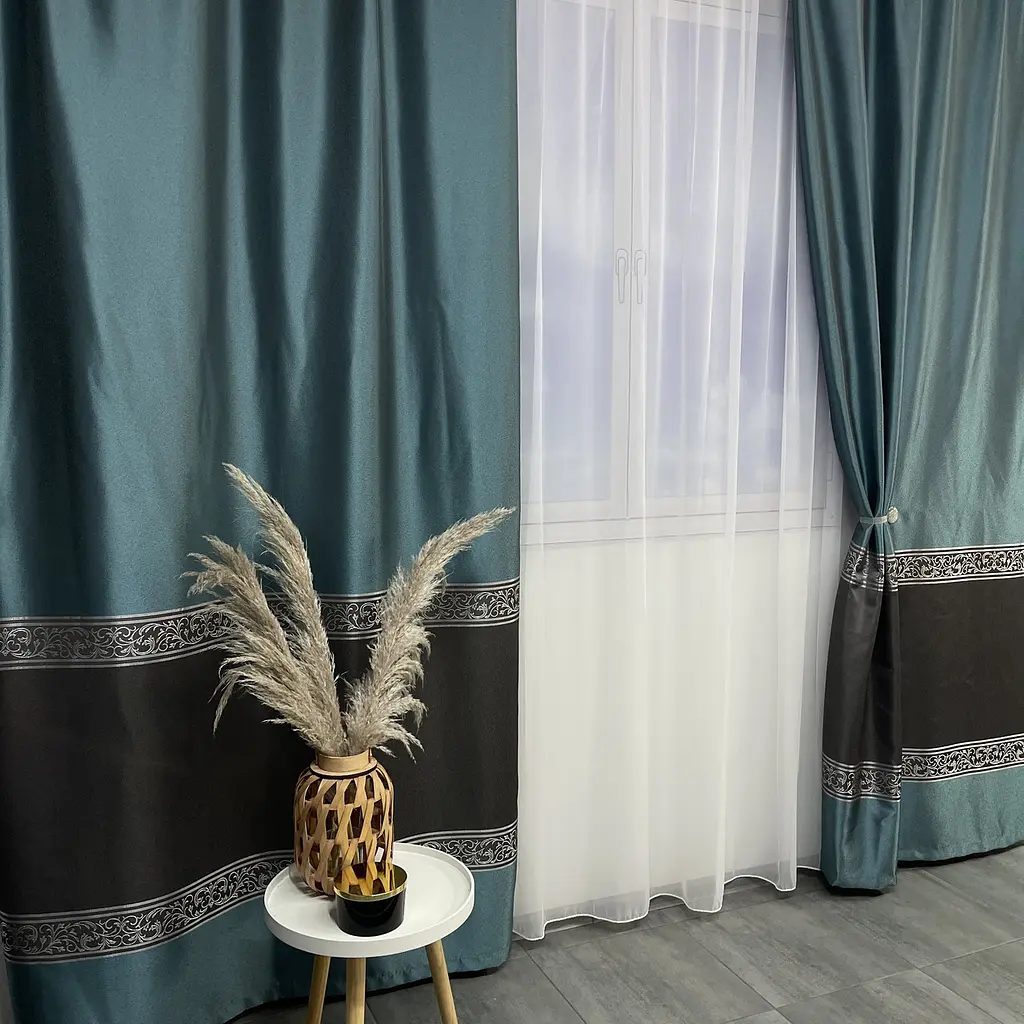 Жакардові штори бірюзового кольору 2шт. 140х270 з білим шифоновим тюлем 400х270, на тасьмі ALBO pbe0052685 - фото 7