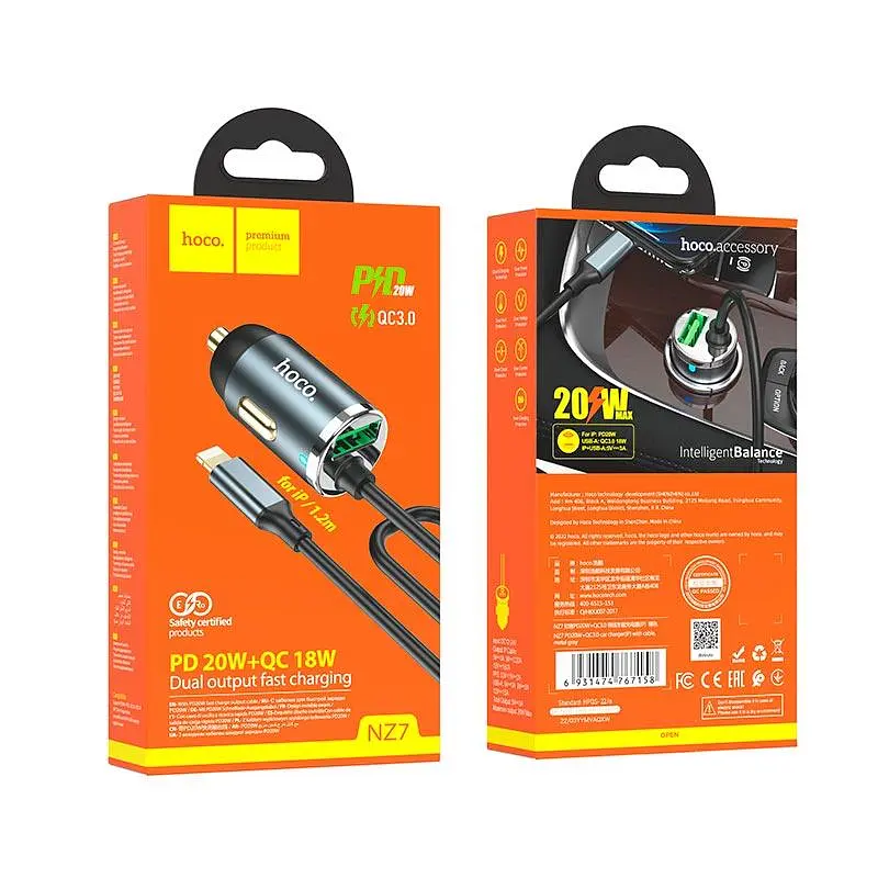 Адаптер автомобильный HOCO Lightning Cable car charger NZ7 1USB 20W серый - фото 2