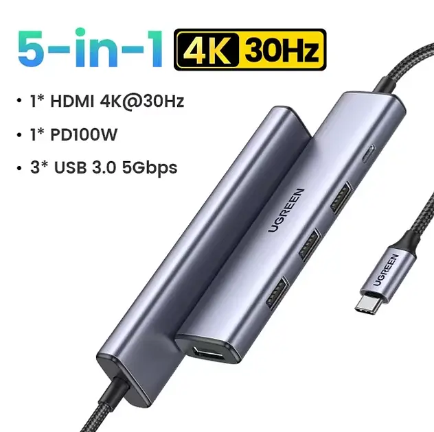 USB-хаб Ugreen USB-C to HDMI + 3 x USB 3.0 + PD Power Port Space Grey (UGR-15596) - фото 3