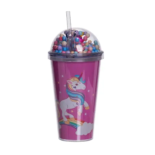 Пластикова склянка з трубочкою та кришкою 400 мл багаторазова пластикова склянка Малиновий Yiwu HP-18-2P - фото 2