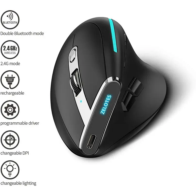 Вертикальна миша бездротова Zelotes F-36 з акумулятором та RGB підсвічуванням 2.4G + Bluetooth Black - фото 3