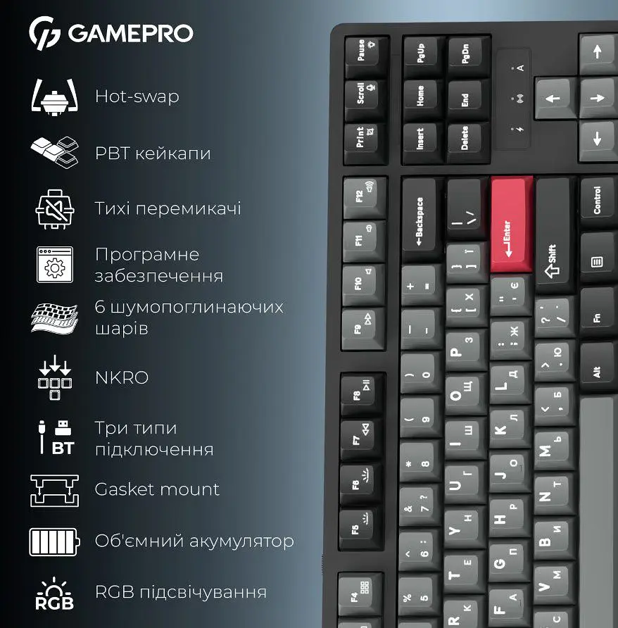 Клавіатура ігрова механічна GamePro MK-285-BK Asgard Ragnar Keychron Super Red Switch Bluetooth 5.2/2.4 ГГц/USB Black - фото 3