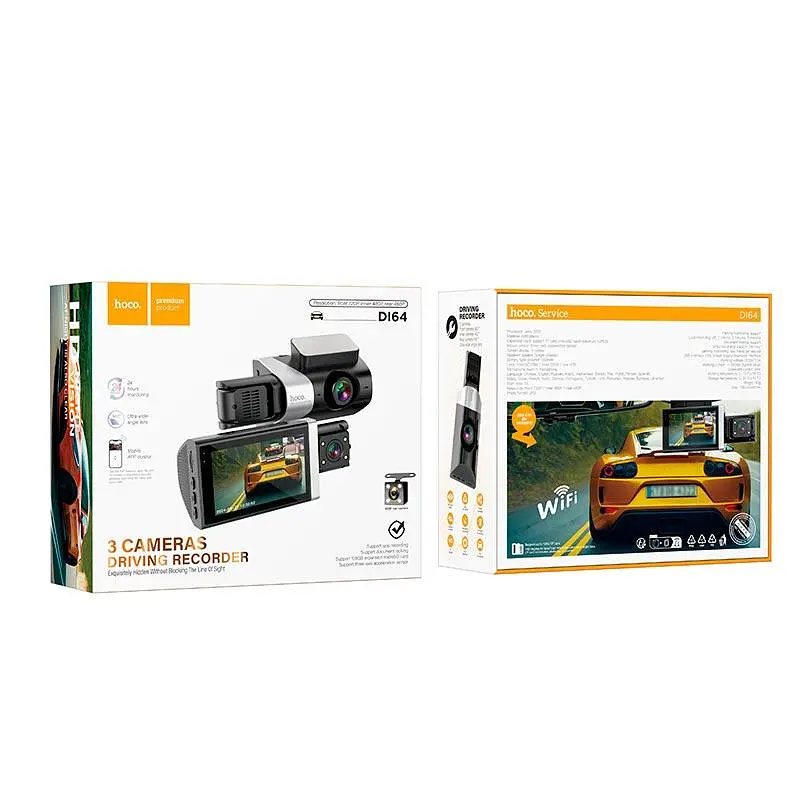 Відеореєстратор HOCO Triumph three-screen simultaneous display driving recorder DI64 (Wi-Fi version) 720p/480p+480p rear, 3" - фото 2