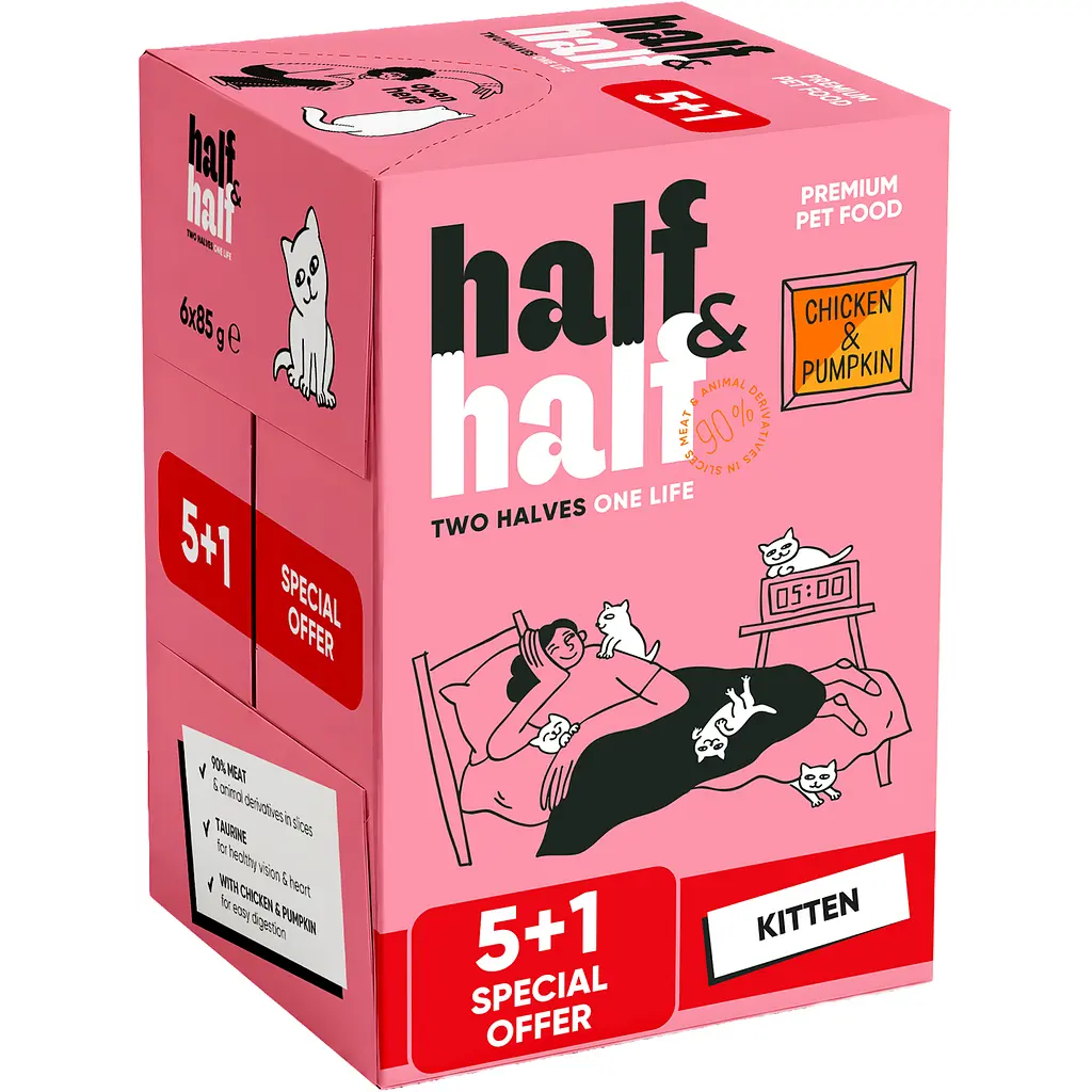 Набір вологих кормів 5+1 Half & Half з куркою та гарбузом в соусі для кошенят 6 шт. х 85 г - фото 2