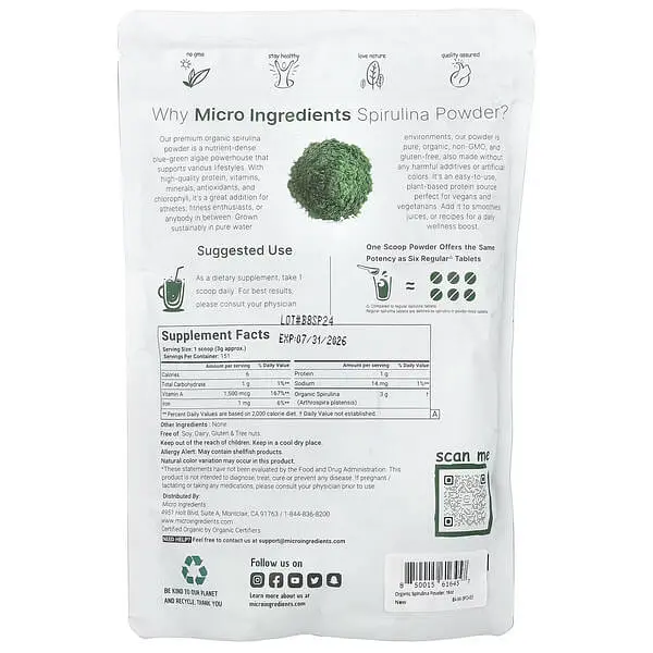 Спіруліна Organic Spirulina Powder 454 g Micro Ingredients vit0004894 - фото 2