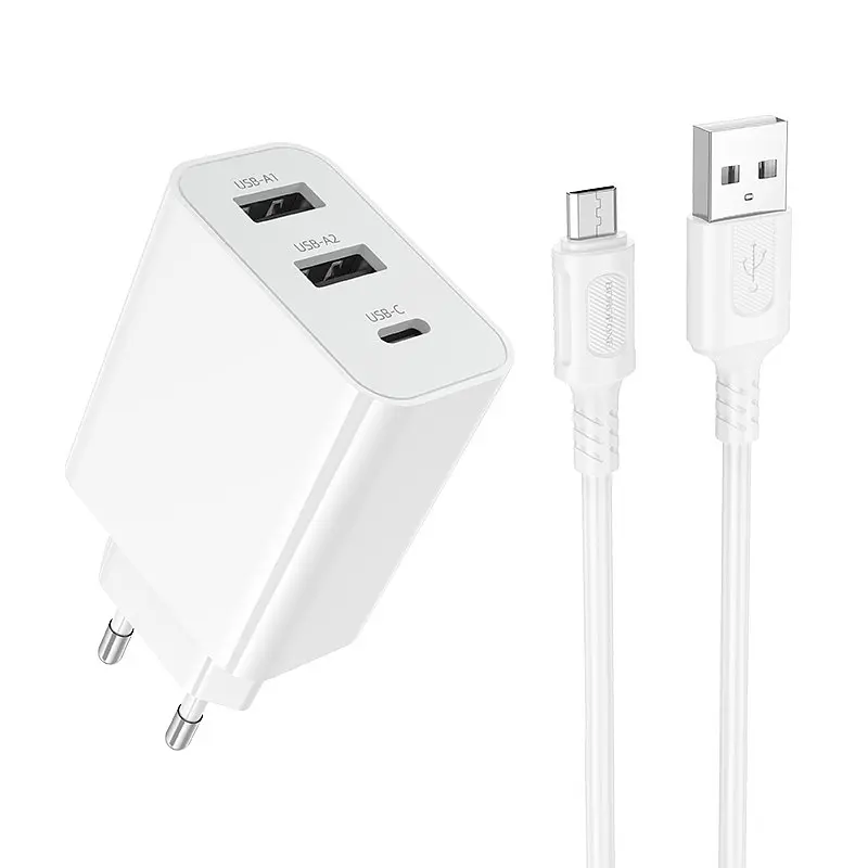 Мережевий зарядний пристрій з кабелем BOROFONE BA105A Stellar three-port charger set (Micro) (EU) Білий