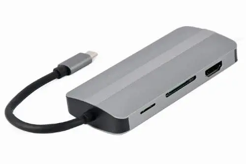 Хаб USB Cablexpert "8-in-1", Grey, Type-C 3.1 - 1xType-C (87 Вт) / 2xUSB 3.1 / HDMI 4K / VGA / microSD / SD / 3.5 мм, кабель 12 см, алюмінієвий корпус (A-CM-COMBO8-02) - фото 2