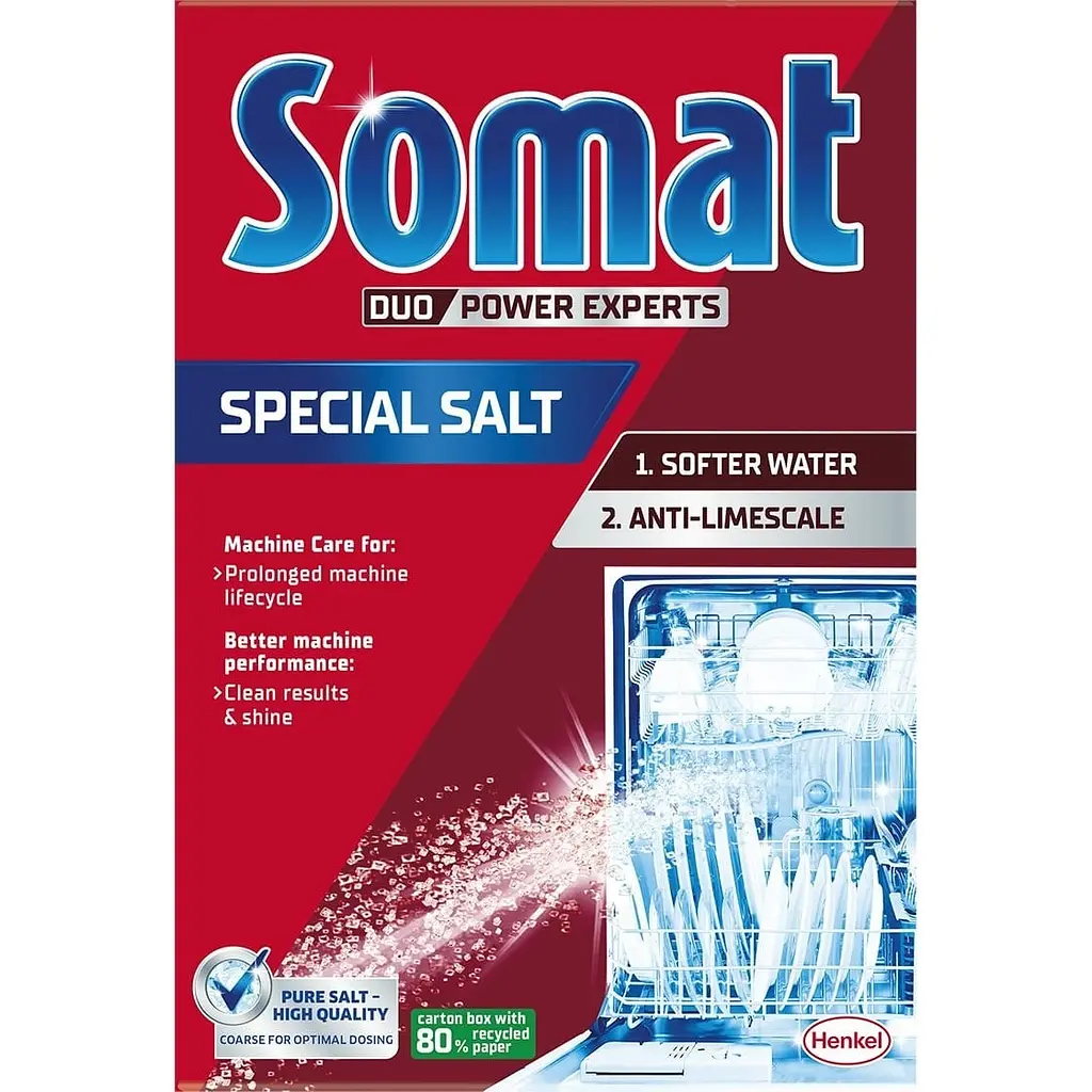 Somat Total Care Set 4-в-1: ополіскувач для посудомийних машин Rinser Extra-dry effect 750 мл + сіль для посудомийних машин Потрійна дія 1.5 кг + порошок для миття посуду в посудомийній машині Classic Pulver 2 кг + капсули для посудомийної машини Excellence 3-в-1, 70 шт. - фото 5