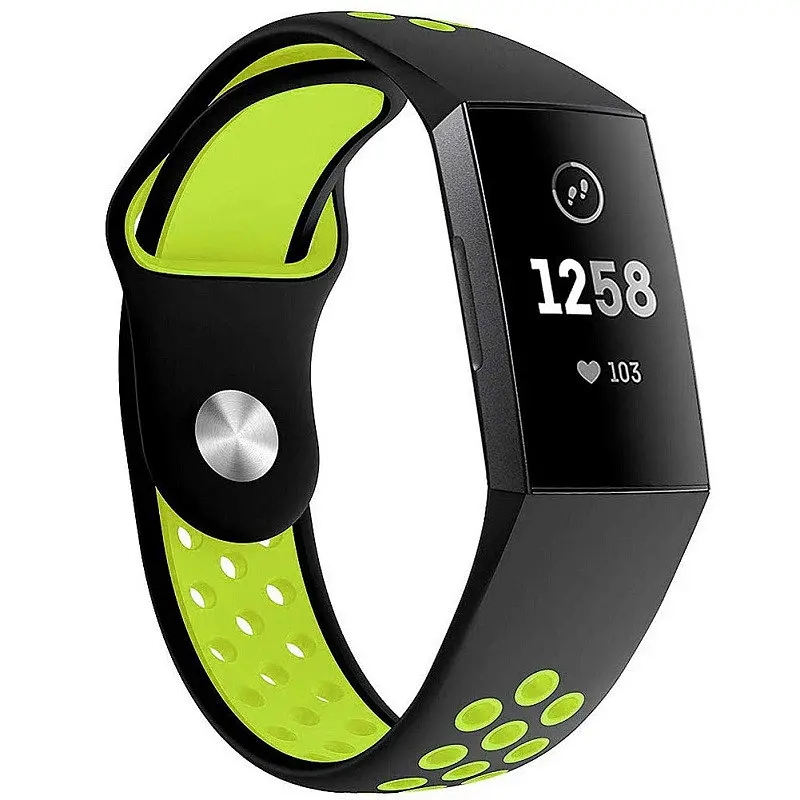 Силіконовий ремінець Primo з перфорацією для фітнес браслета Fitbit Charge 3/4 Black Green/розмір L - фото 2