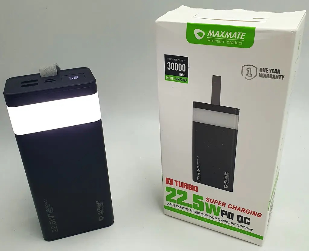 Потужний Повербанк із LED ліхтариком Power Bank із швидкою зарядкою 30000mAh 2USB /Type-C PD/QC 5A/22.5W Maxmate MMP30KP чорний